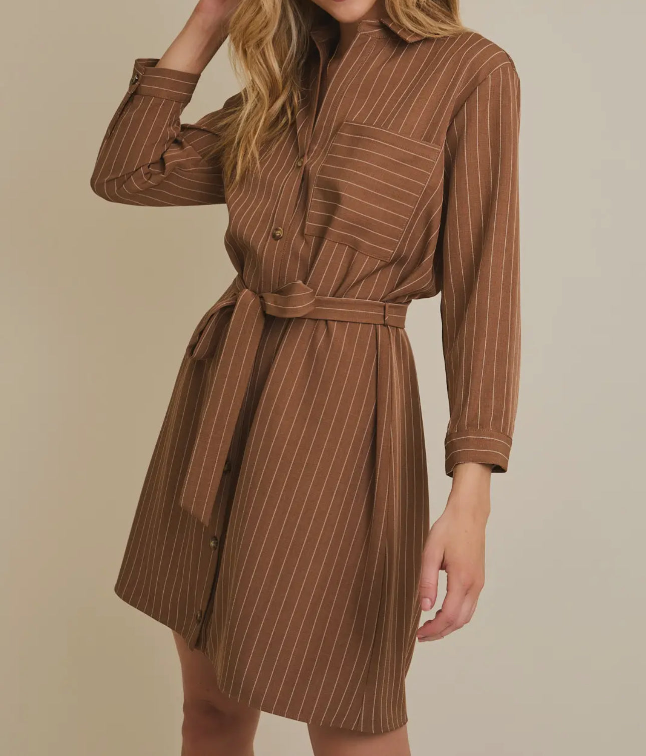 Camel Striped Button Up Dress