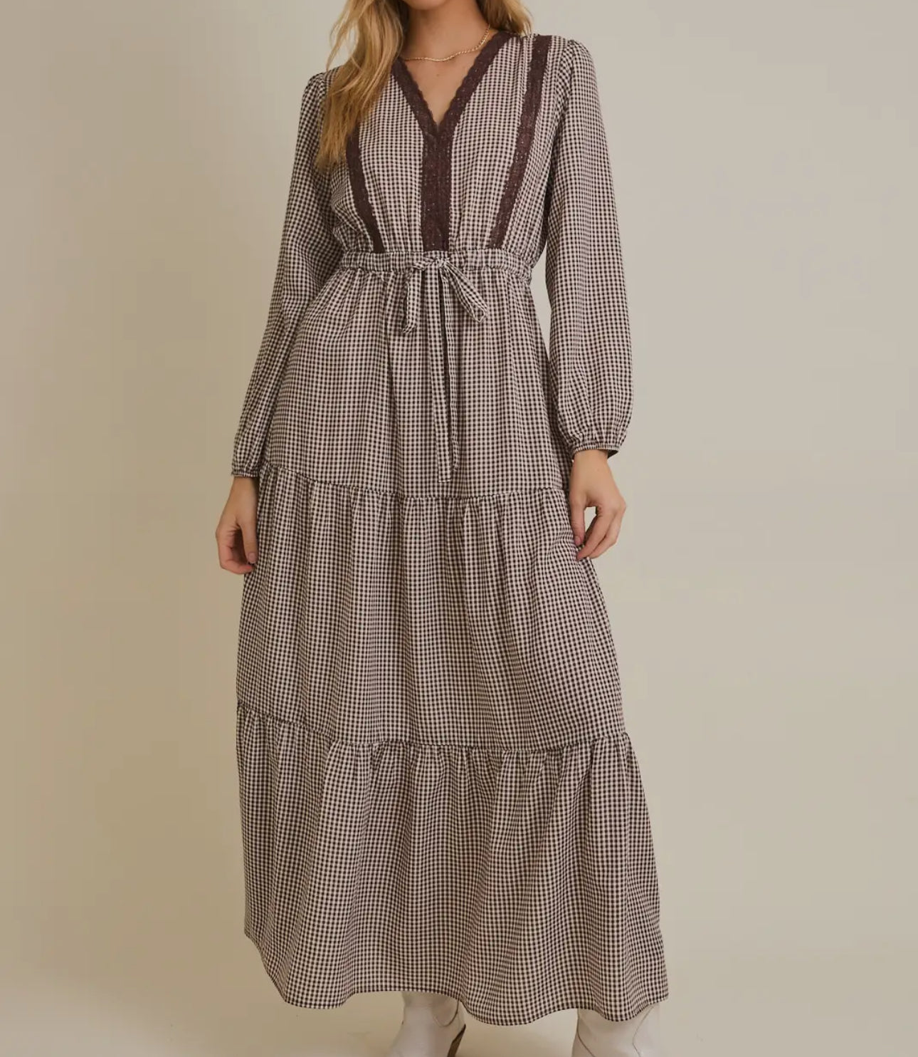 Brown/Cream Check Maxi Dress