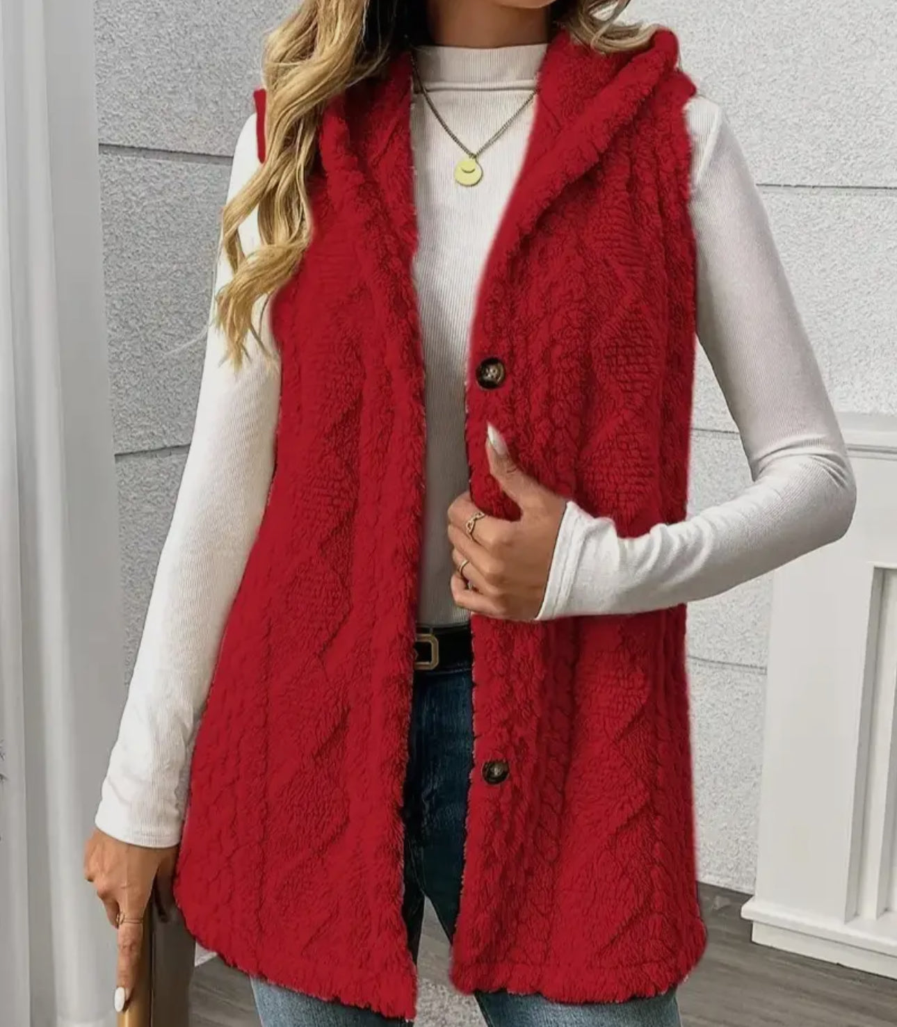 Red Plush Hooded Vest