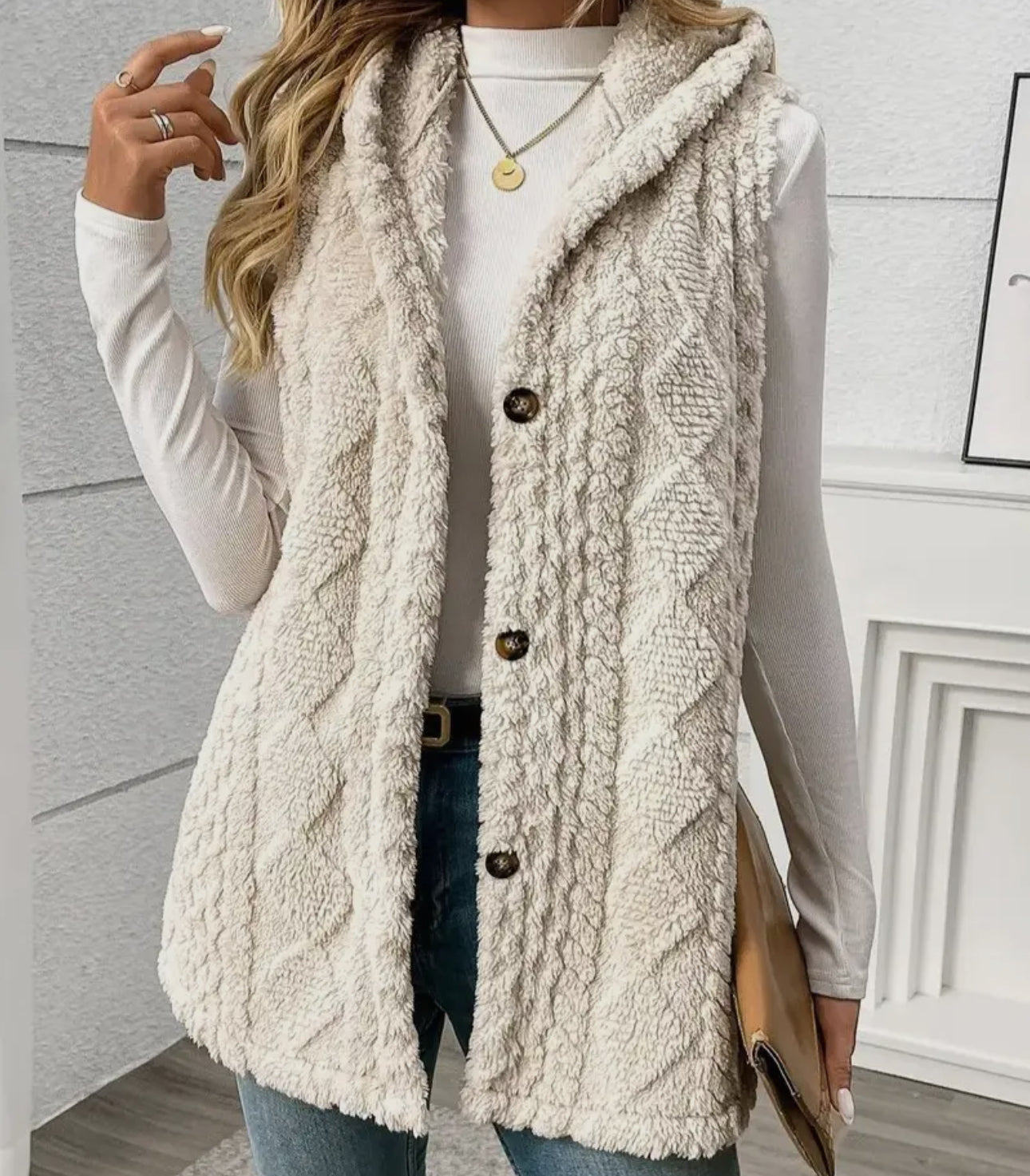 Apricot Plush Hooded Vest