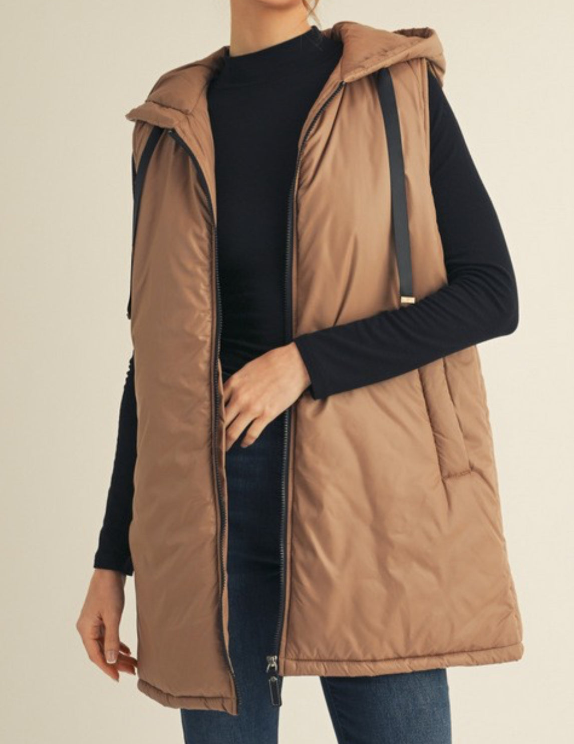 Taupe Puff Hoodie Vest