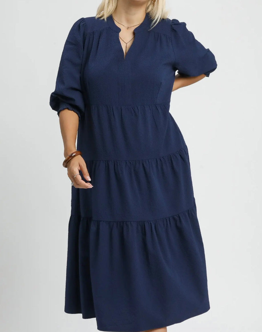 Plus Navy Textured Tiered Midi Dress