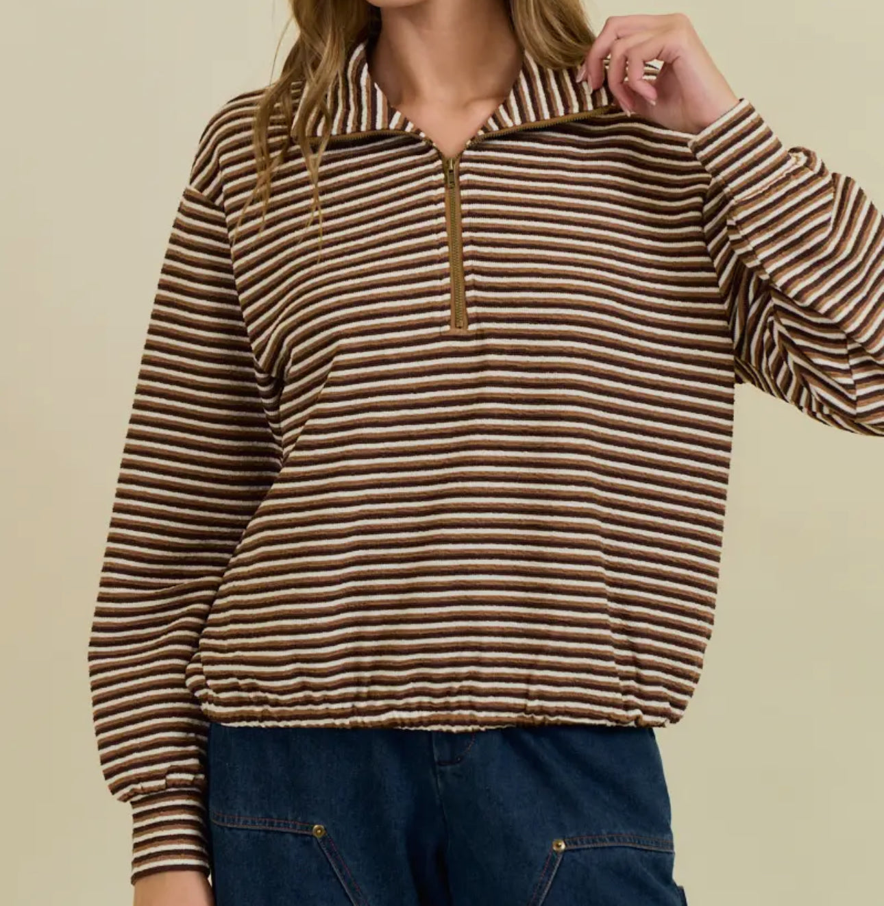 Brown Multi Stripe Zipper Top