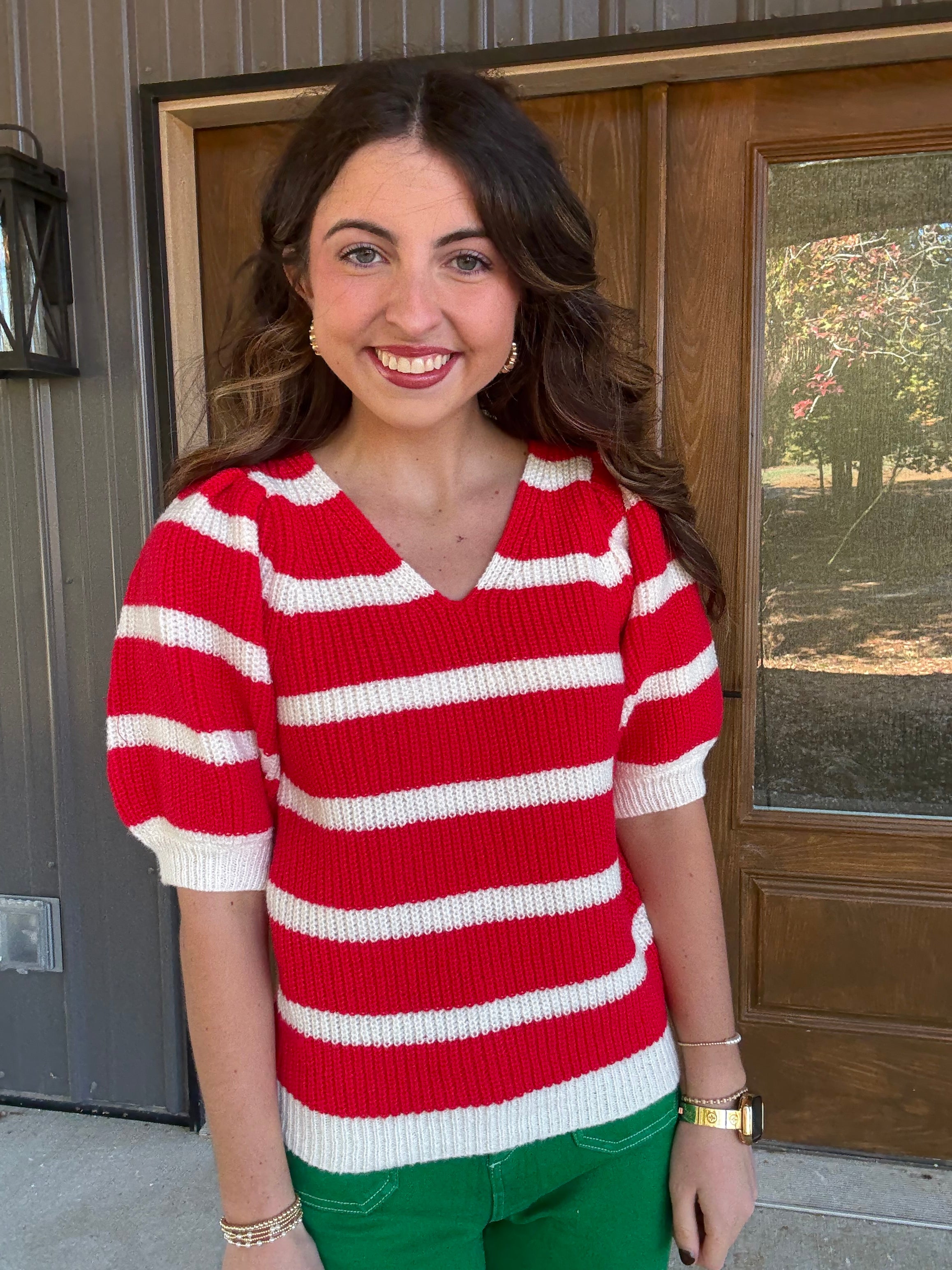 Red/Cream V Neck Sweater