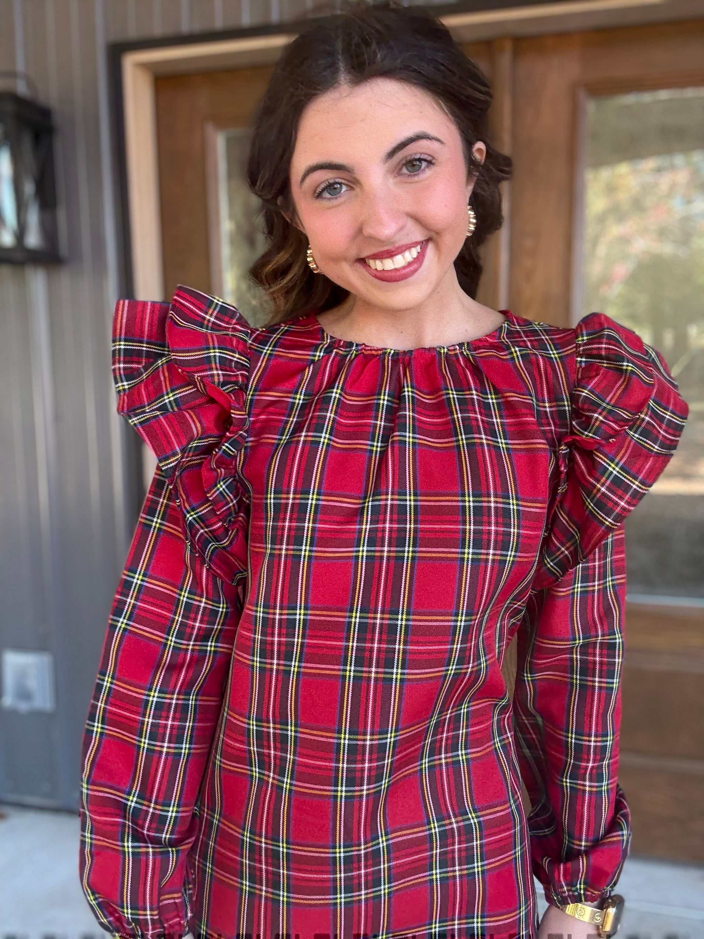 Red/Green Plaid Ruffle Sleeve Blouse