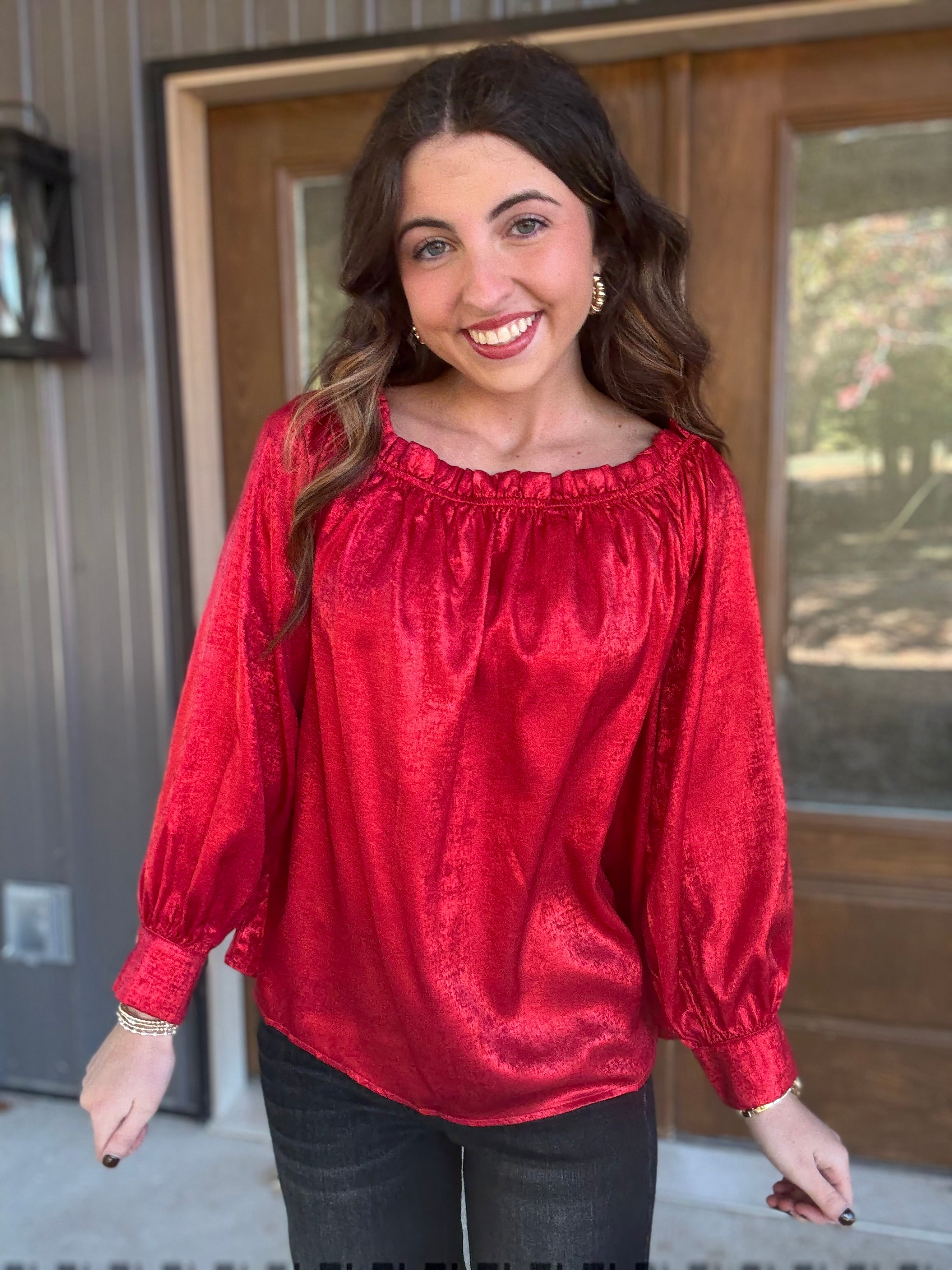 Red Metallic Off The Shoulder Blouse