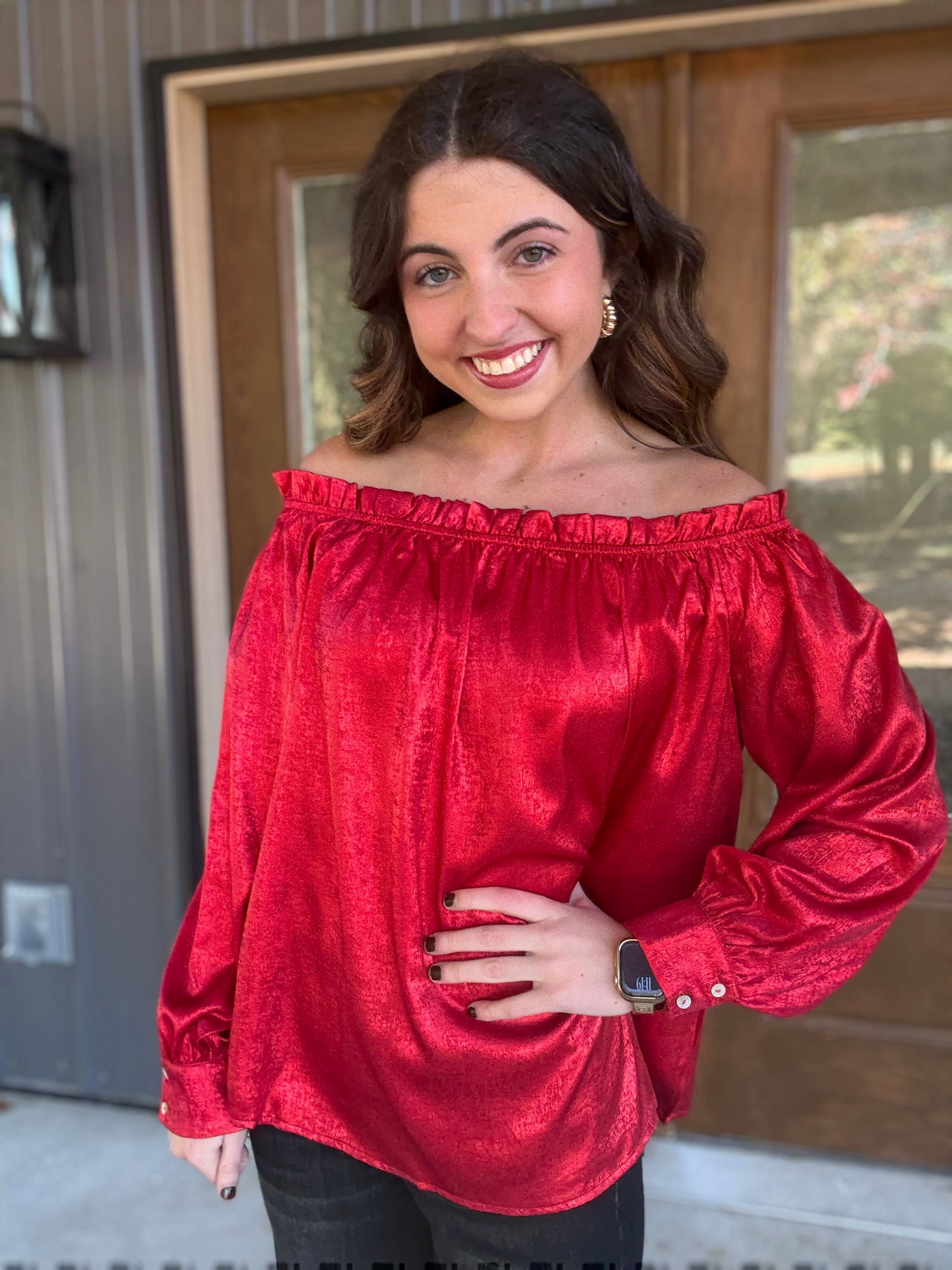 Red Metallic Off The Shoulder Blouse