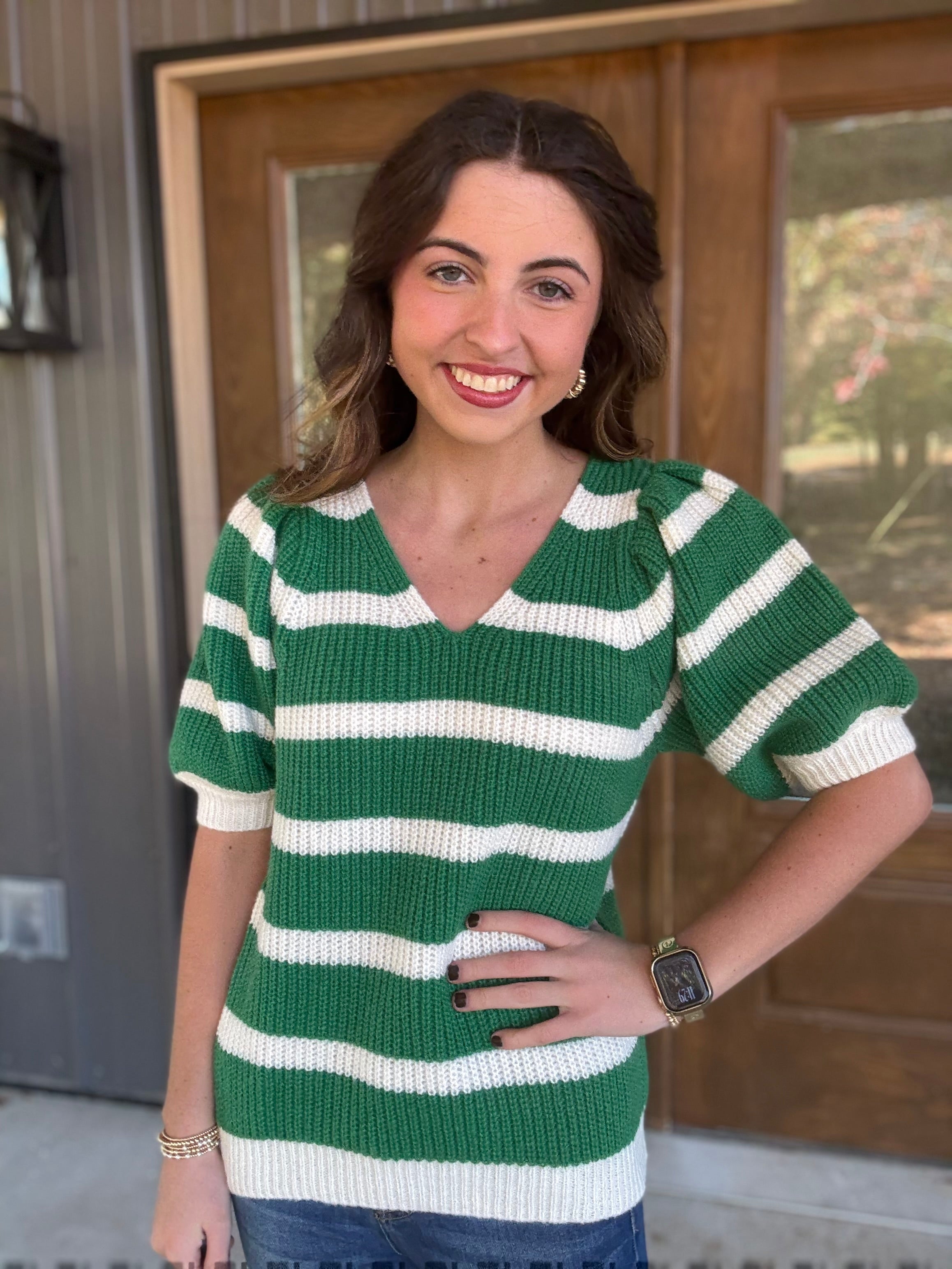 Green/Cream Striped V Neck Sweater