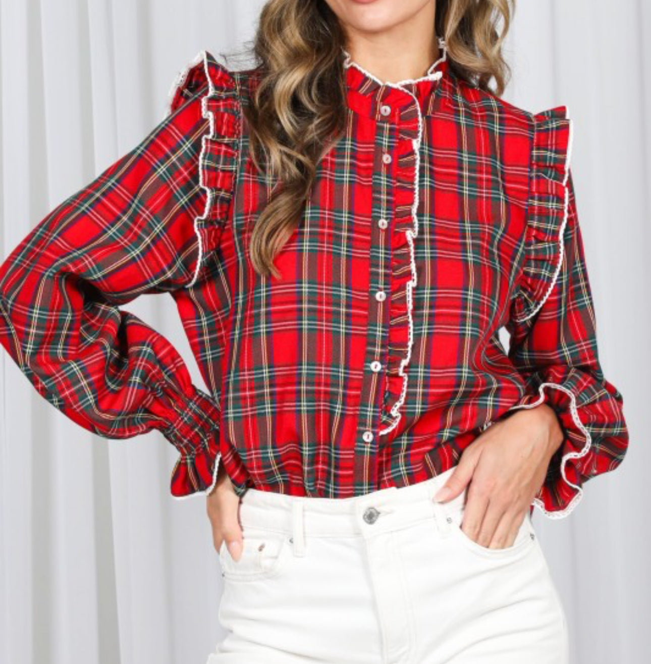 Red Ruffle Trim Plaid Blouse