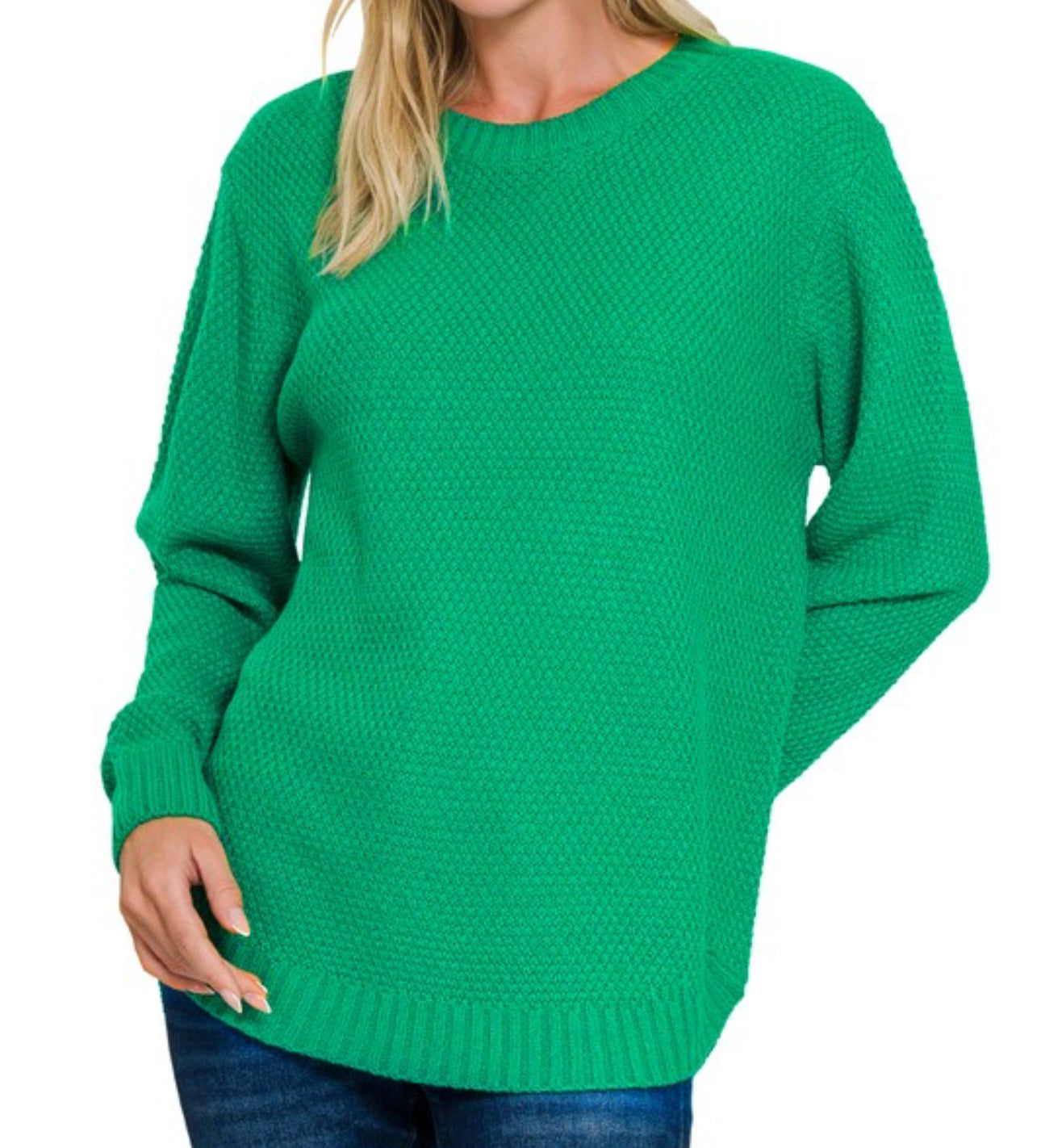 Kelly Green Round Neck Basic Sweater