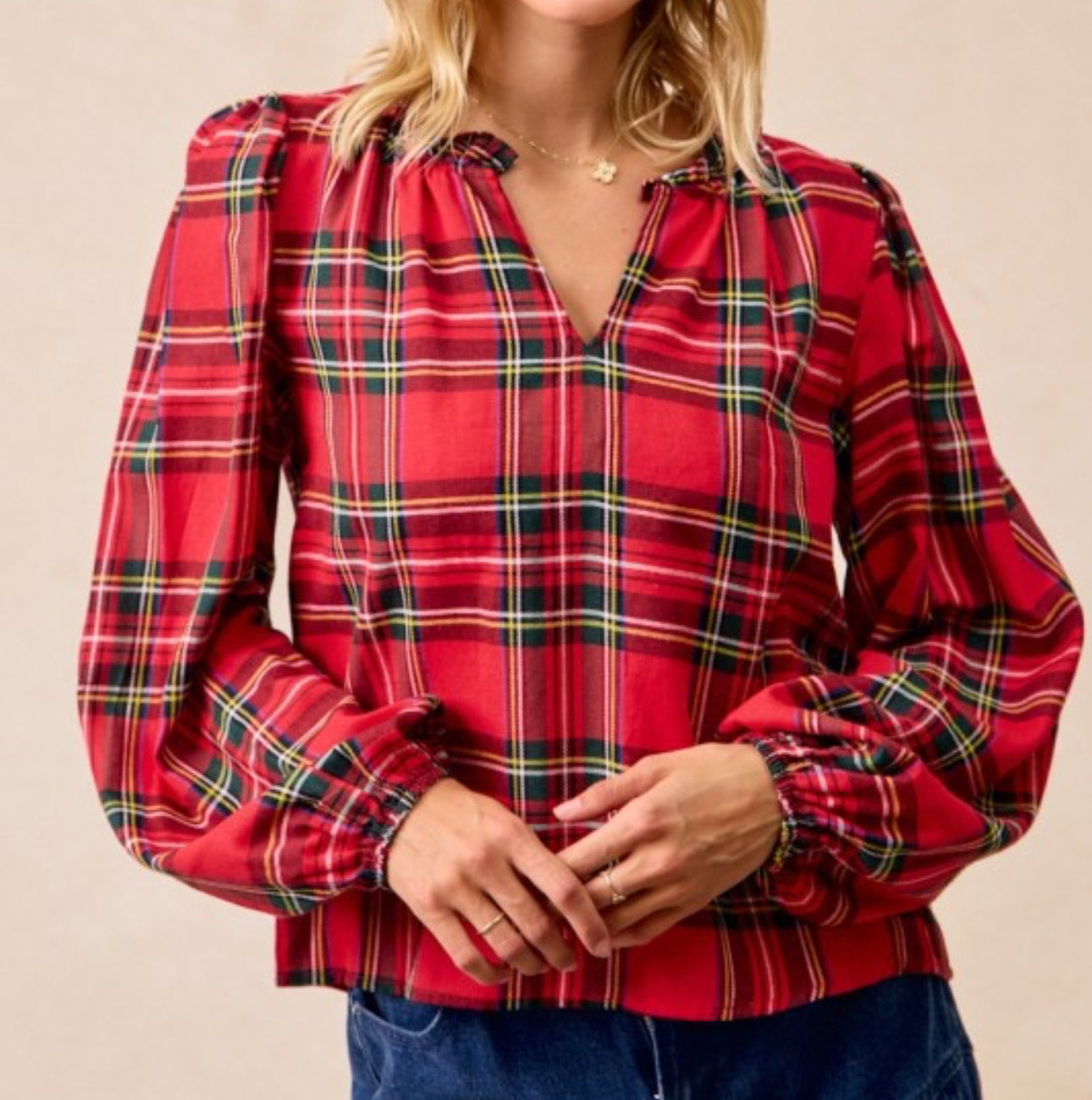 Red Plaid V Neck Blouse