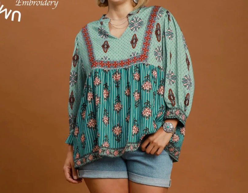 PLUS Misty Teal Babydoll Blouse
