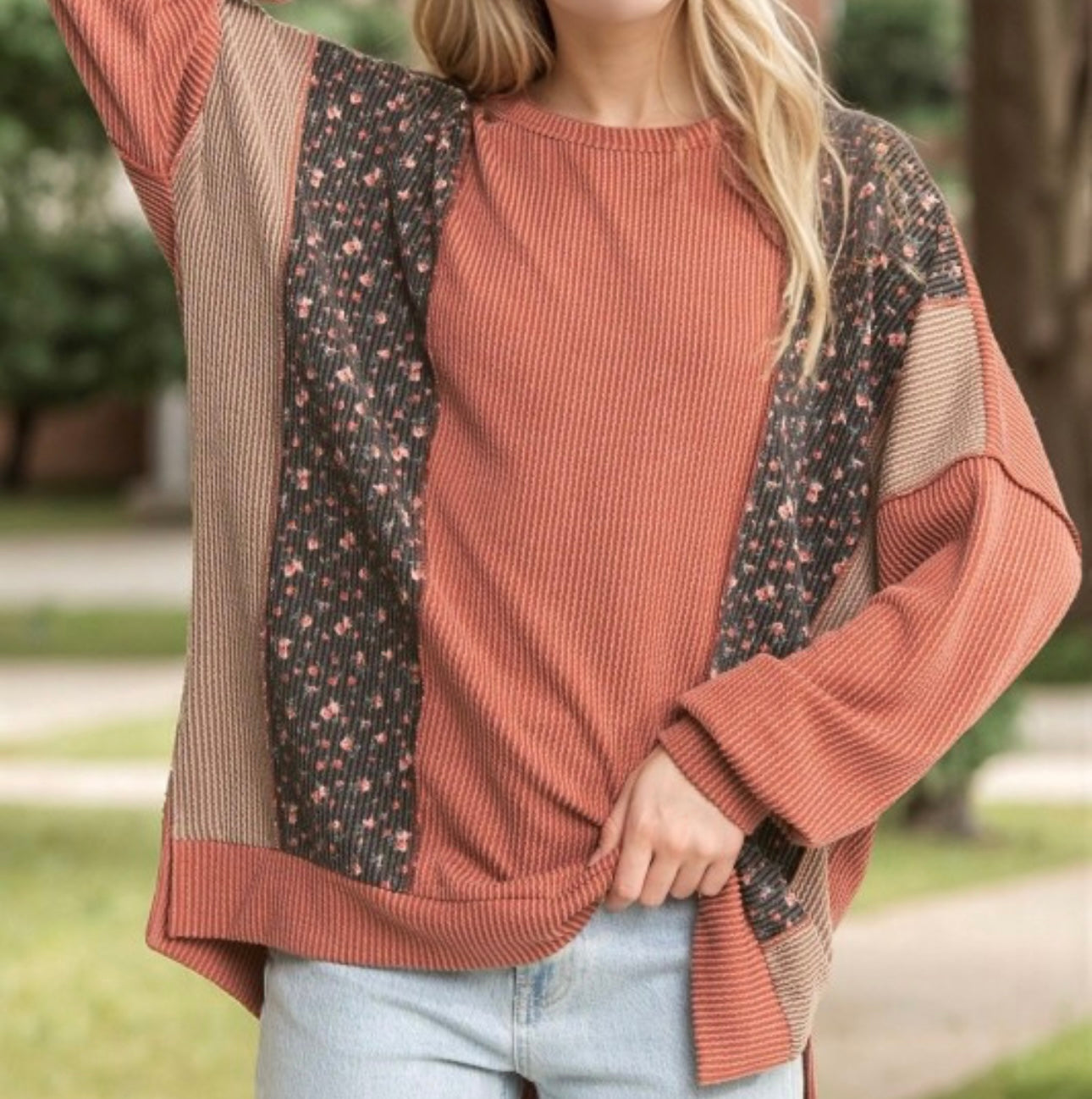 Dark Cinnamon Floral Rib Top