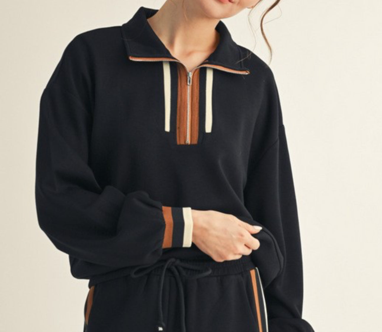 Black Colorblock Zip Up Top