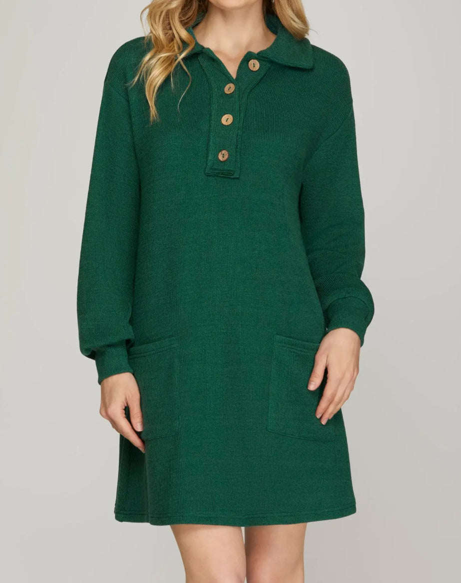 Green Knit Button Down Collar Dress
