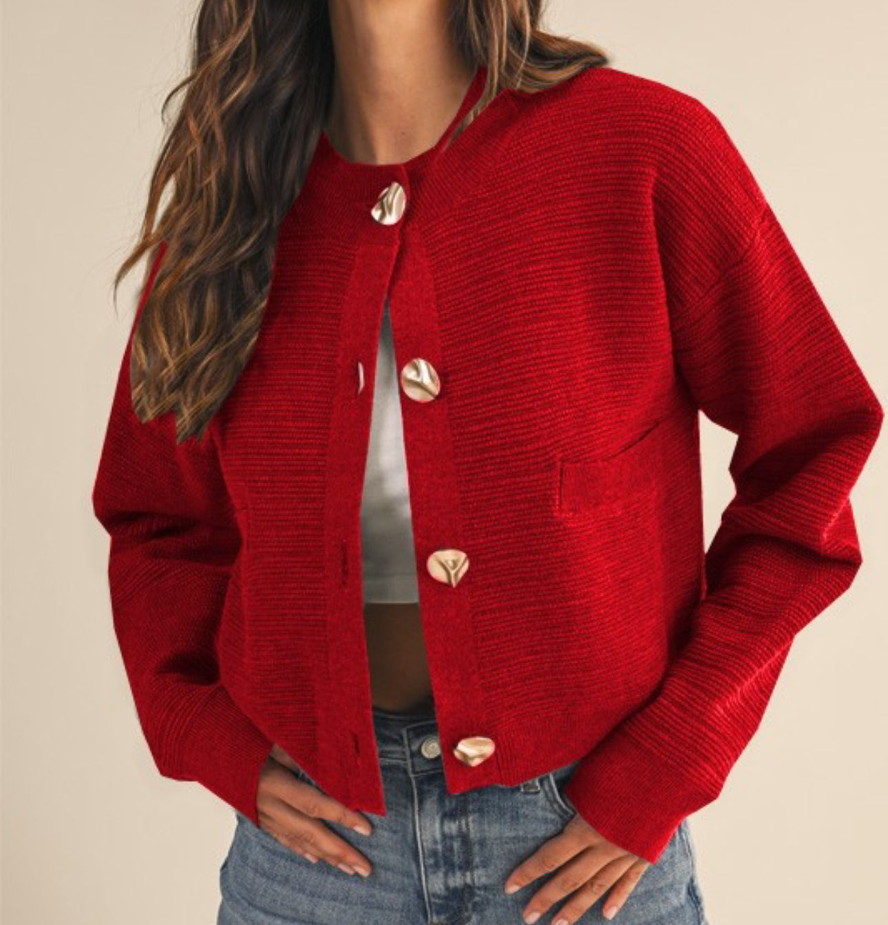 Red Ribbed Button Cropped Cardigan
