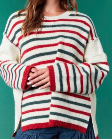 Ivory/Red/Green Striped Sweater