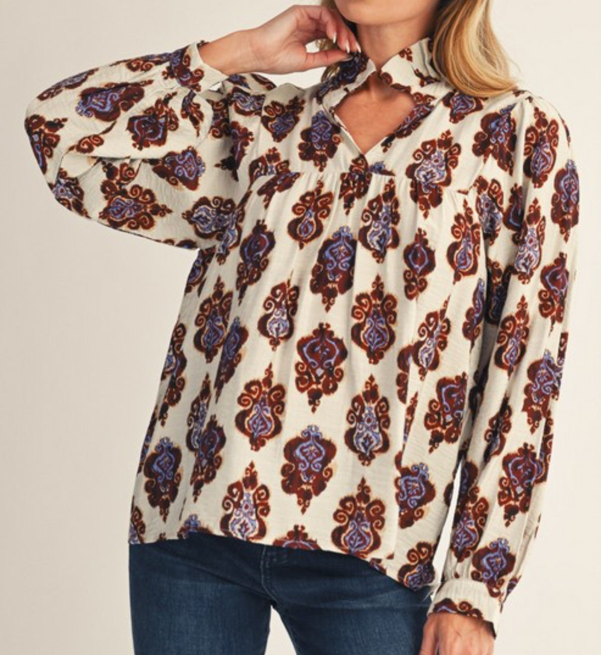 White Damask Print Top