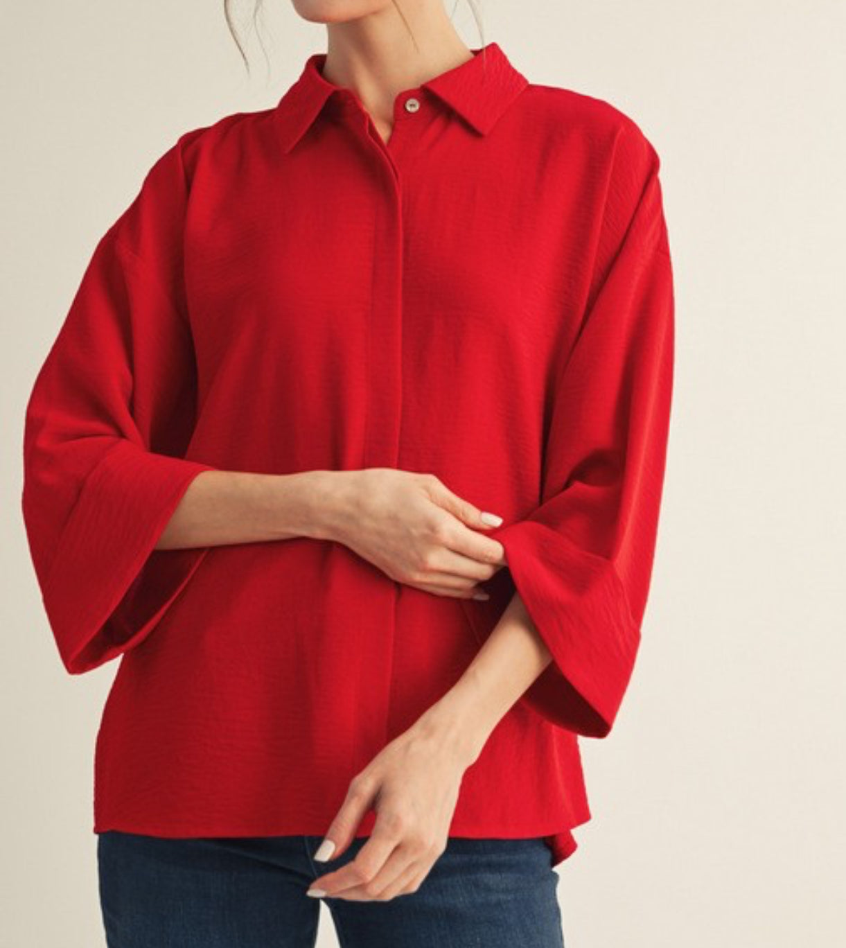 Red Fold Cuff Button Down Top