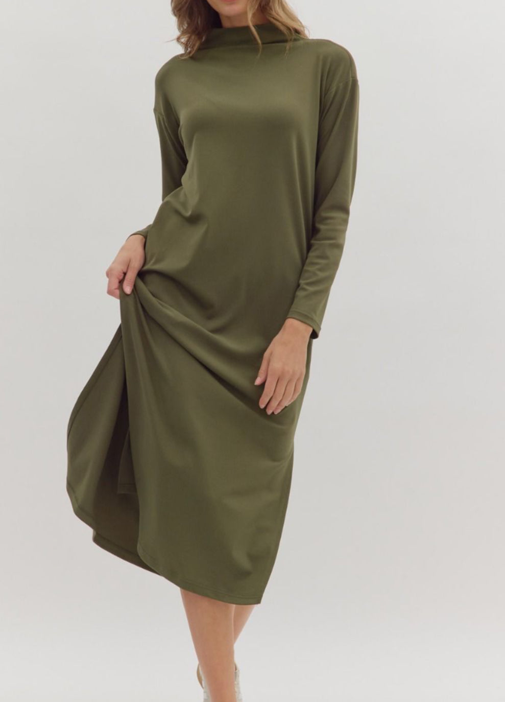 Olive Mock Neck Midi Dress