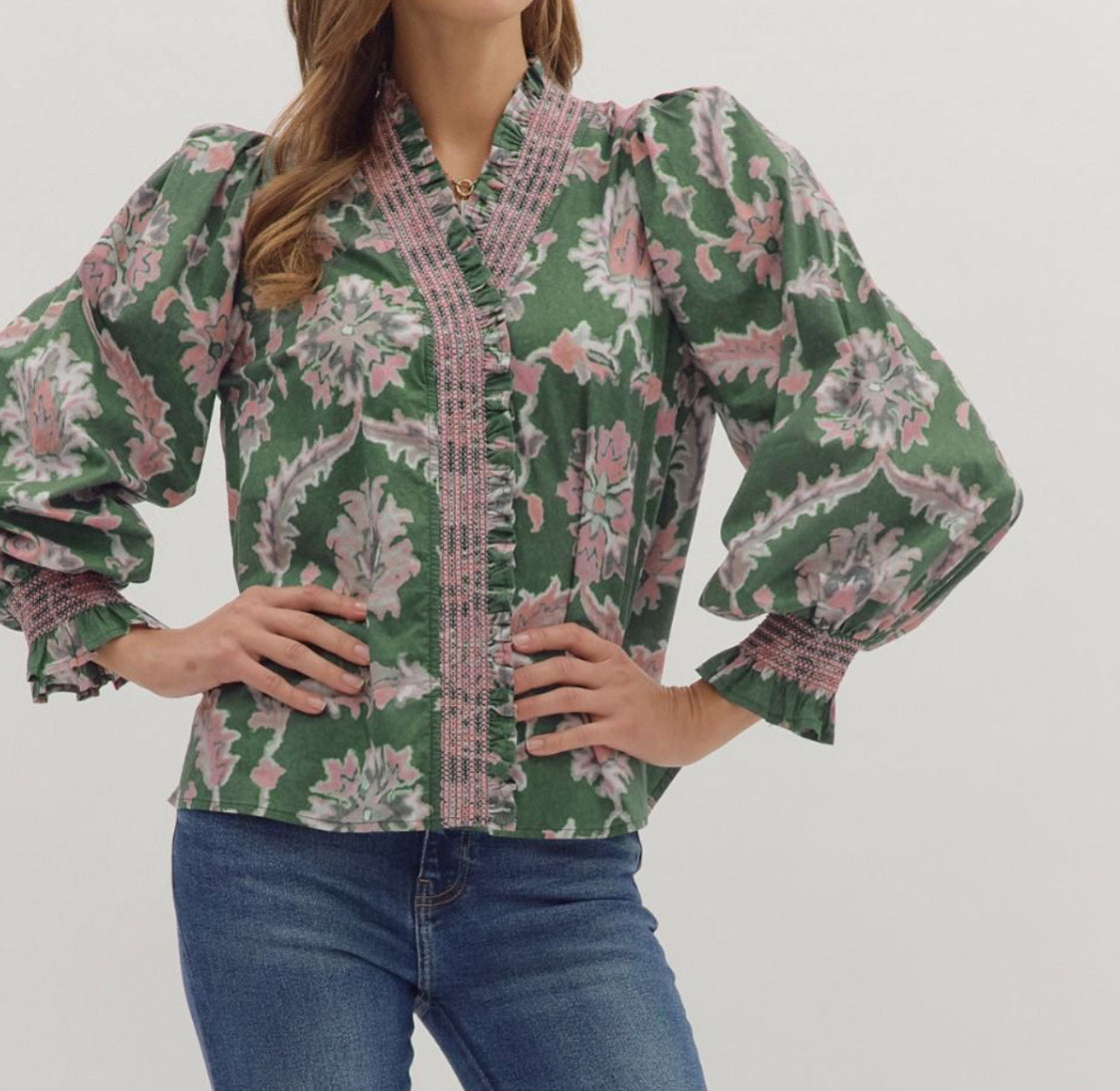 Pine/Pink Floral Blouse
