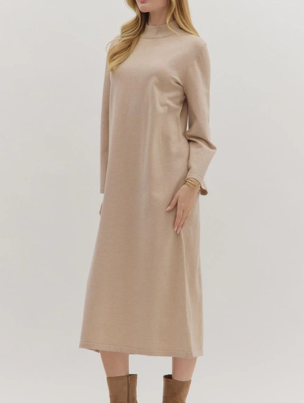 Sand Mock Neck Midi Dress
