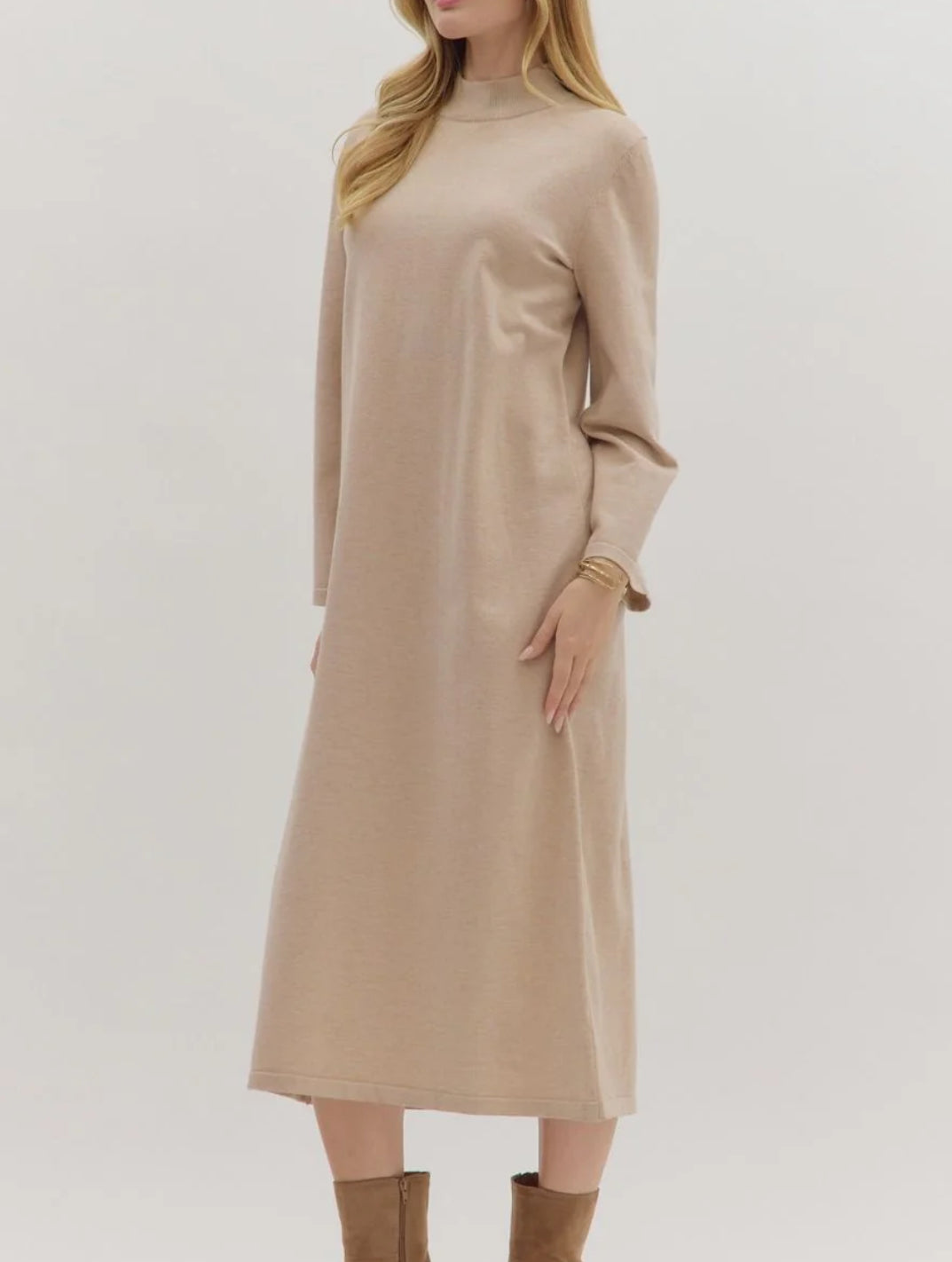 Sand Mock Neck Midi Dress