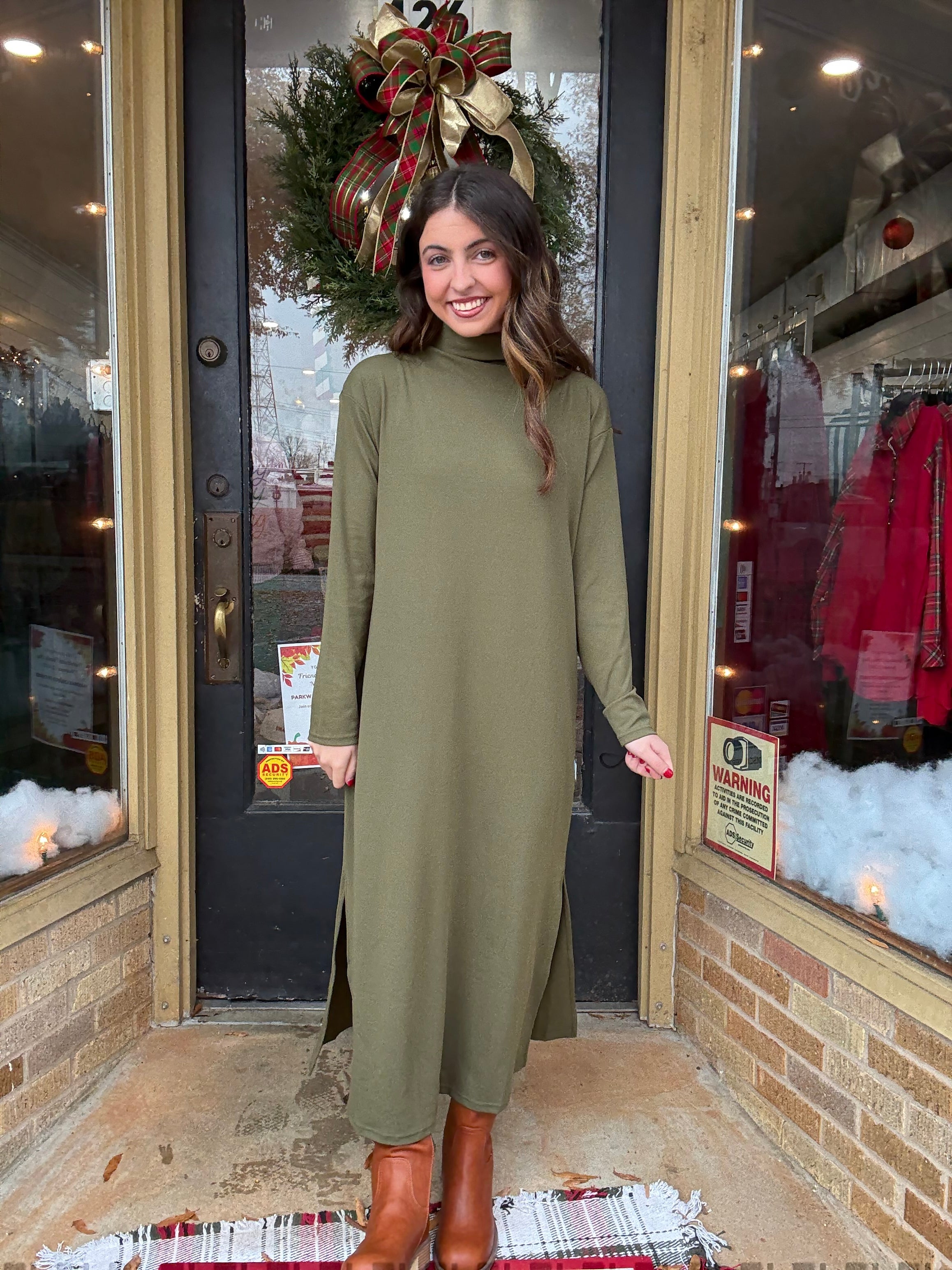 Olive Mock Neck Midi Dress