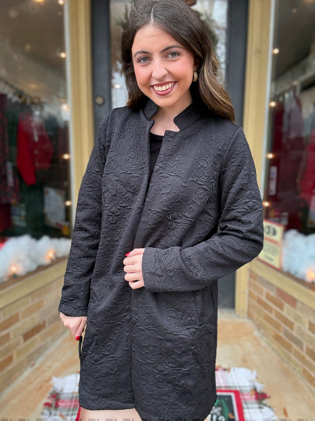 Black Jacquard Midi Coat