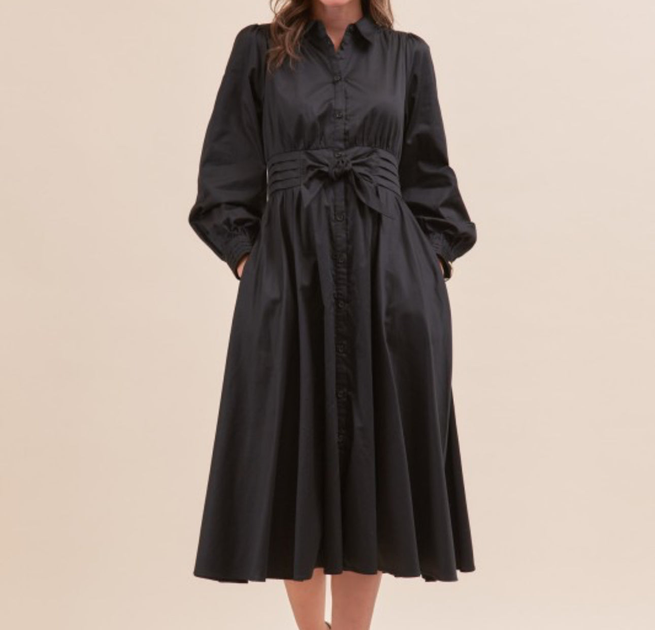 Black Waist Tie Midi Dress