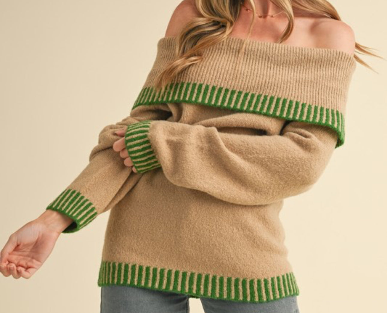 Taupe/ Green Off Shoulder Sweater