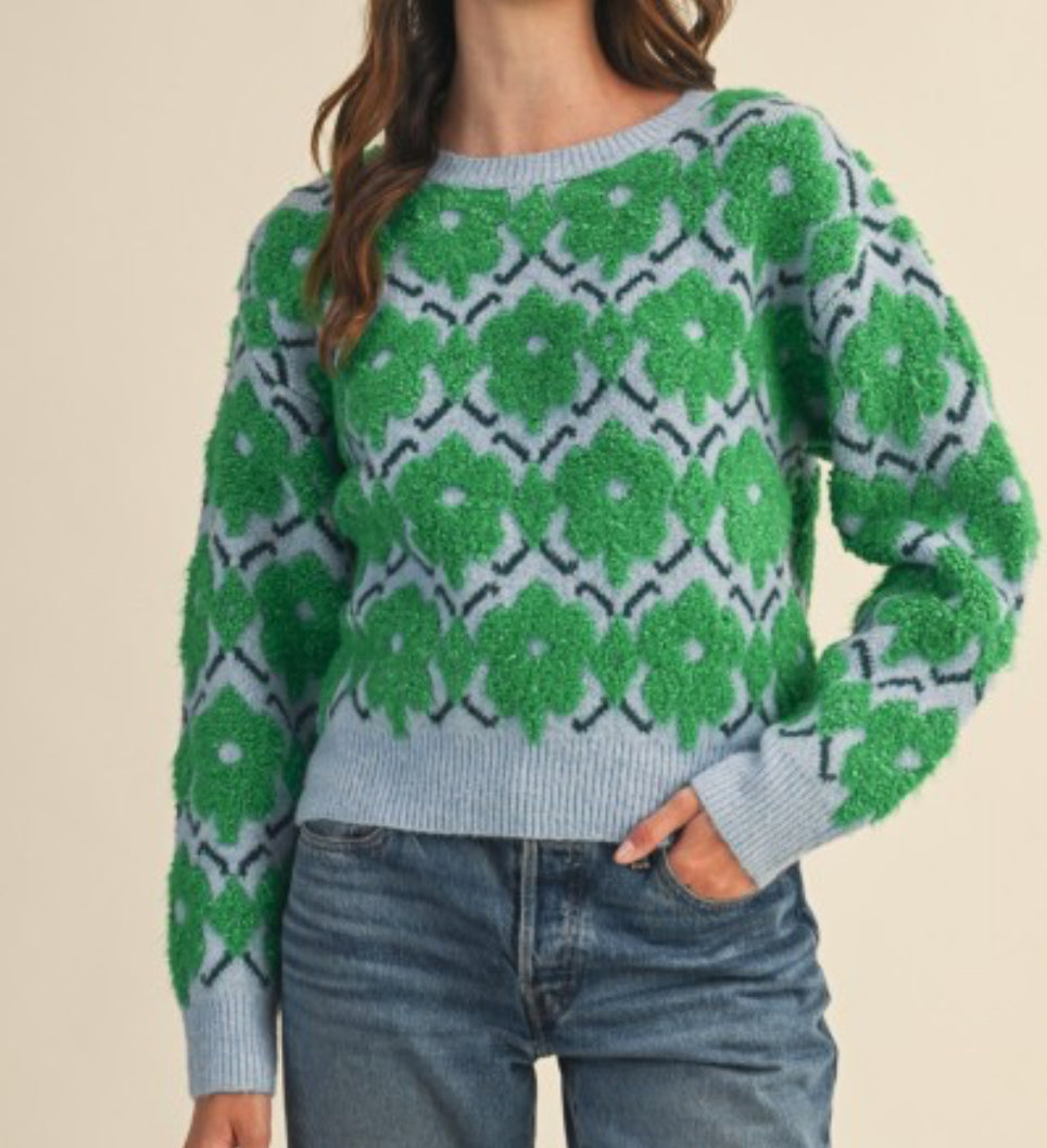 Green Flower Fuzzy Texture Sweater
