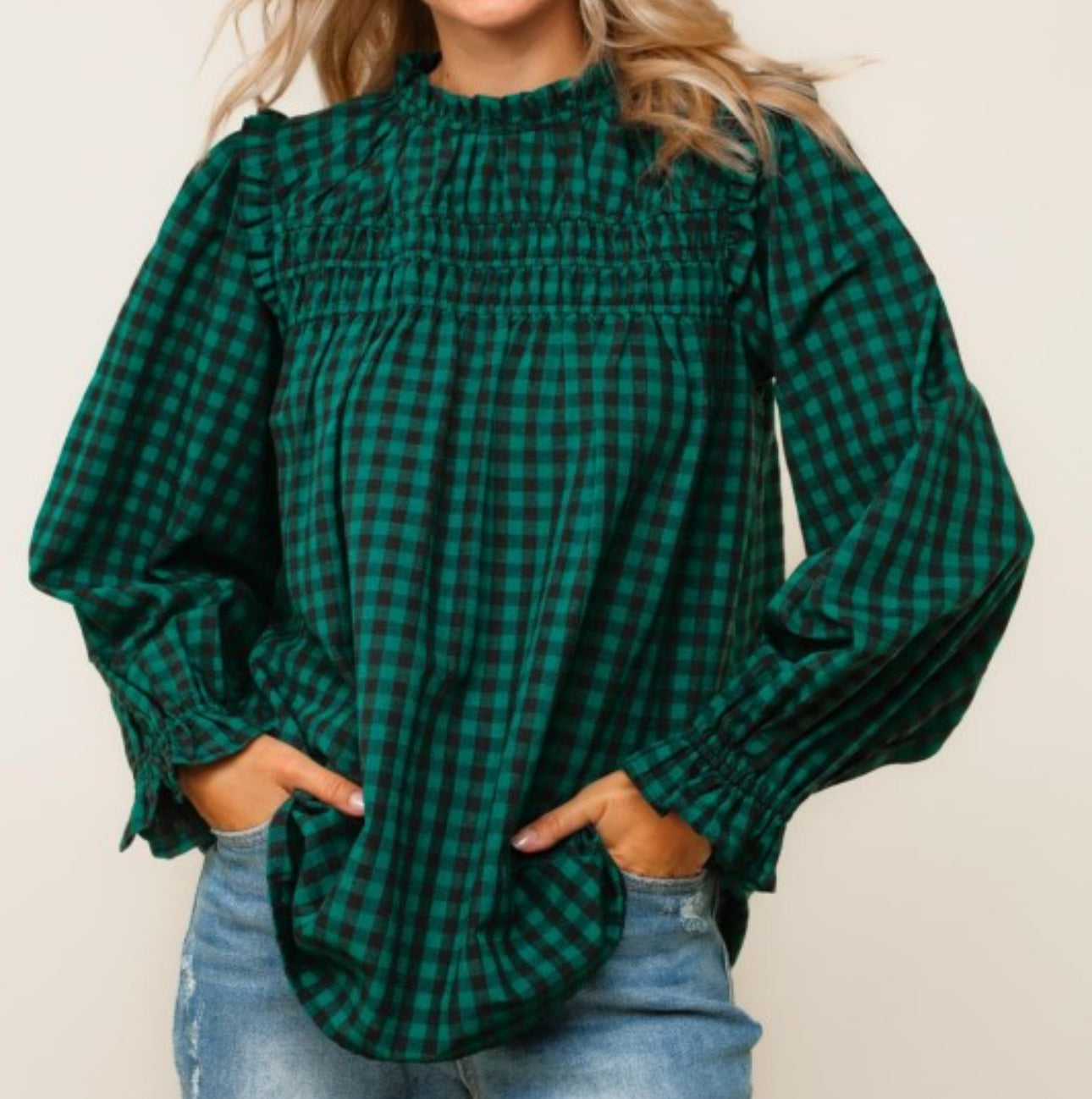 Hunter Green Gingham Blouse