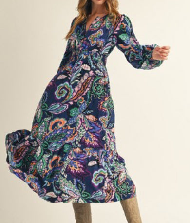 Navy Paisley Midi Dress