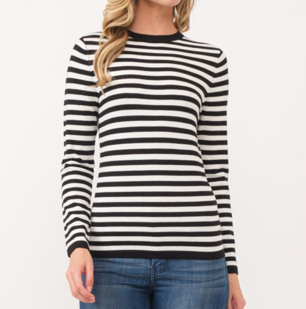 Round Neck Stripe Top- Black/Ivory