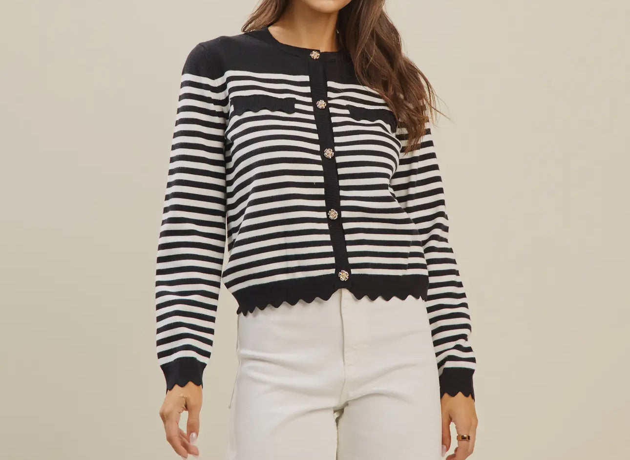 Black Scalloped Stripe Cardigan