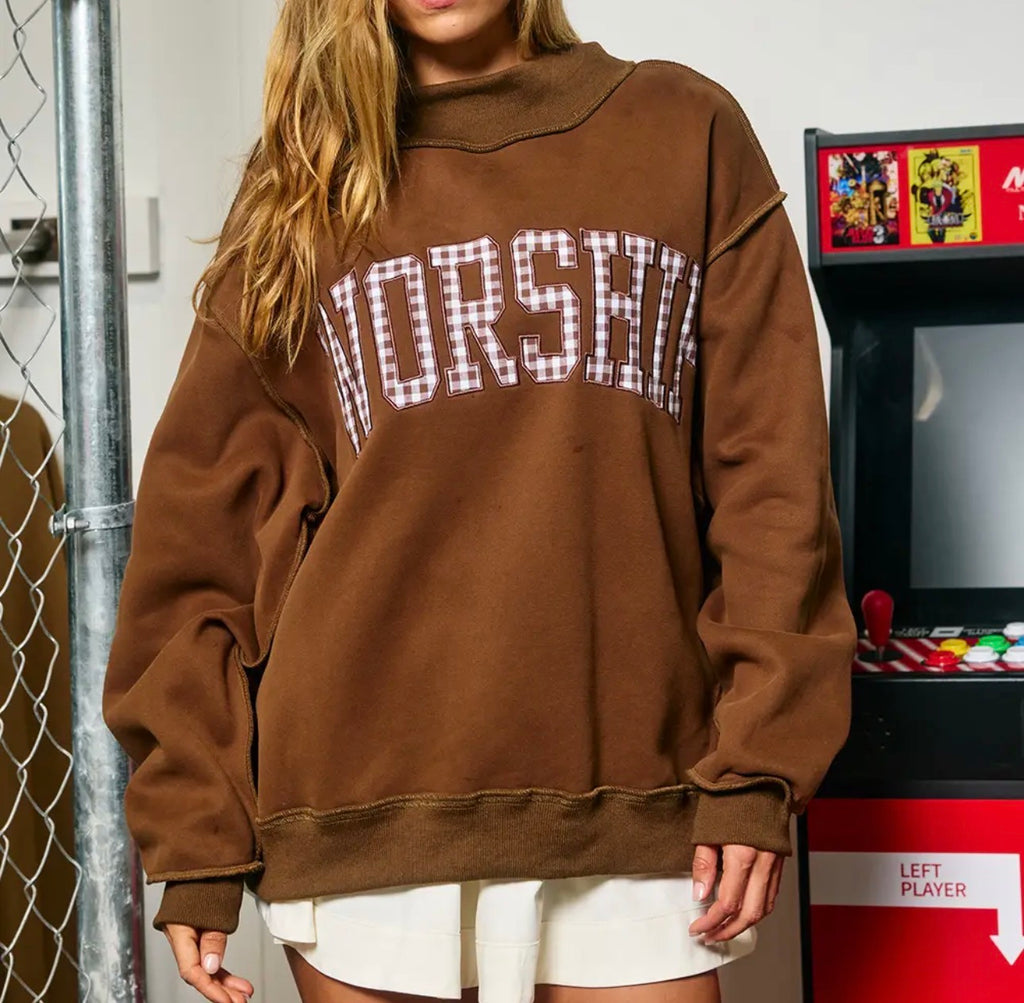 "Worship" Brown Mock Neck Sweatshirt
