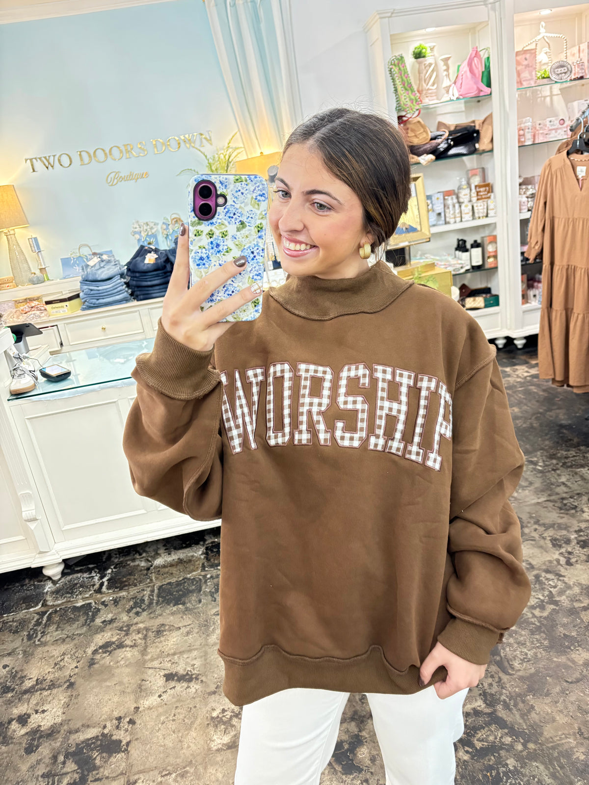 "Worship" Brown Mock Neck Sweatshirt