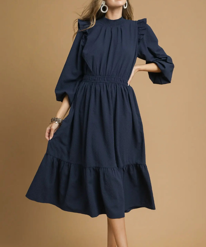 Navy Textured Midi Dress