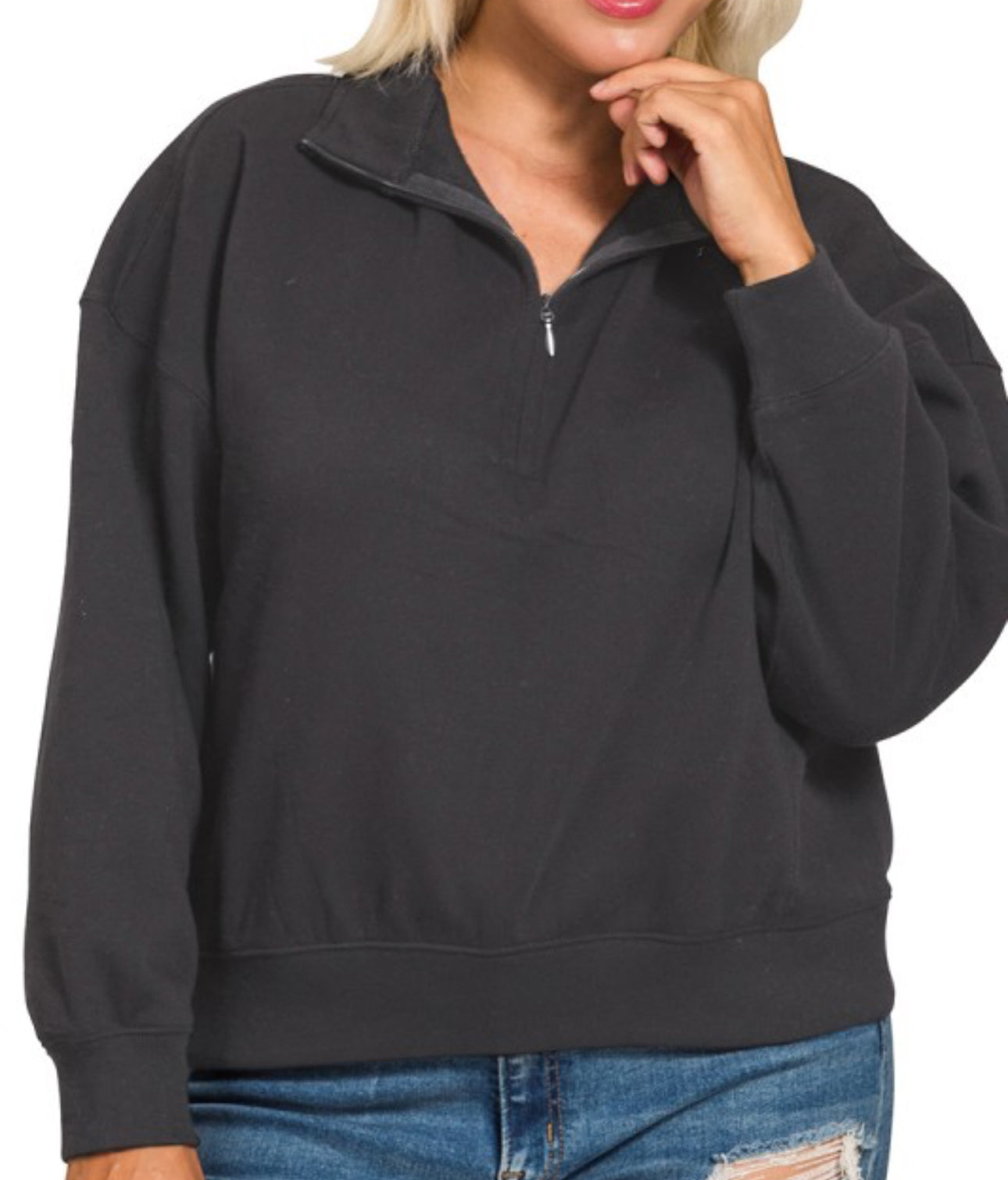 Plus Half Zip Sweatshirt- Black