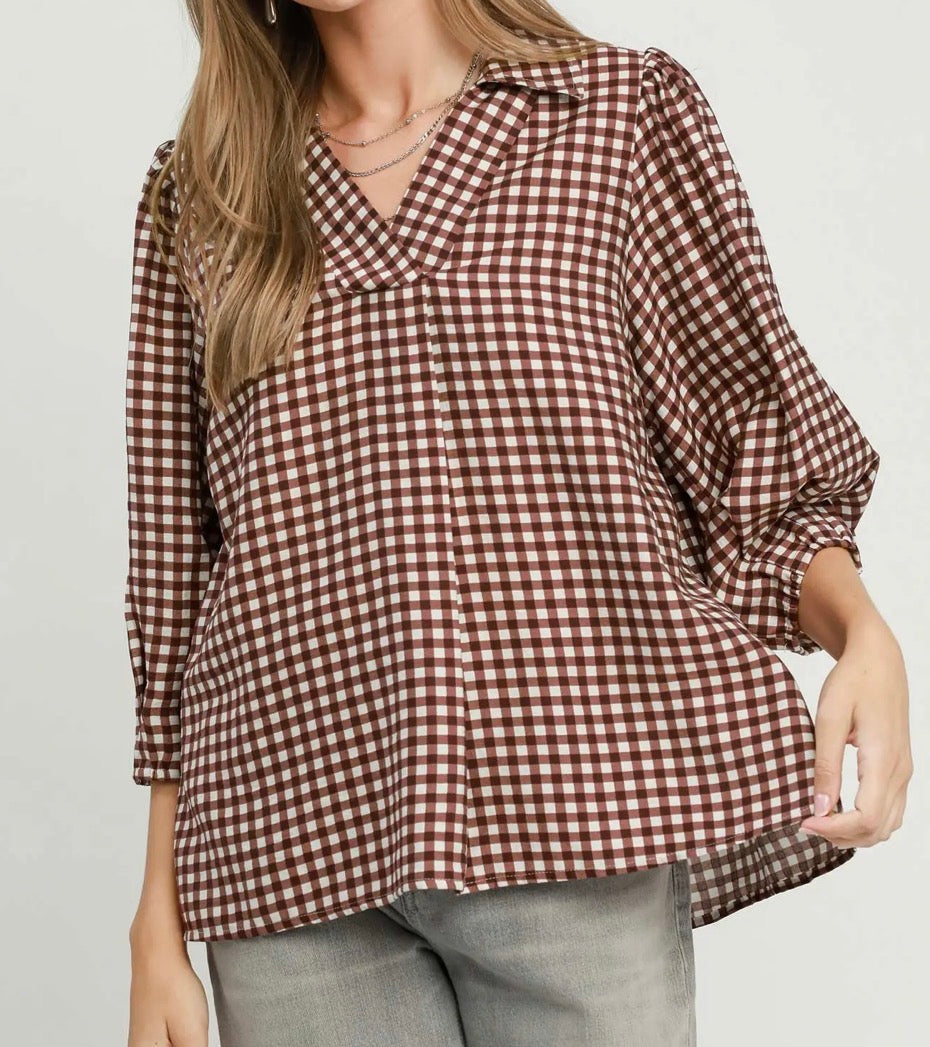 Gingham Girl Top- Brown