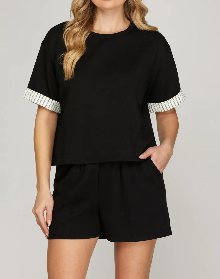 Black Contrast Sleeve Set Top