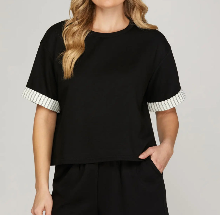 Black Contrast Sleeve Set Top