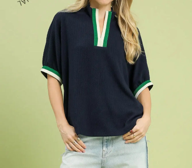 Navy Contrast Band Top