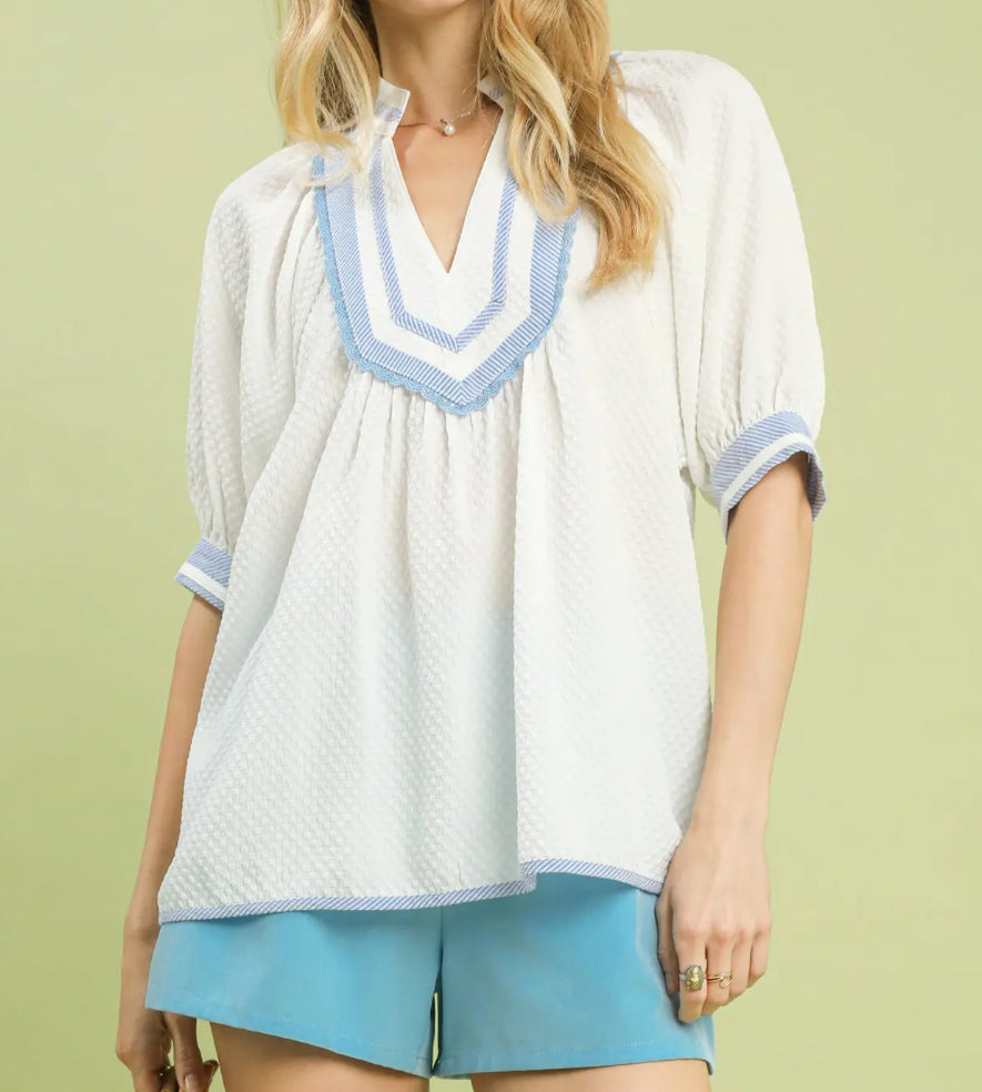 Off White/ Blue Stripe Contrast Top