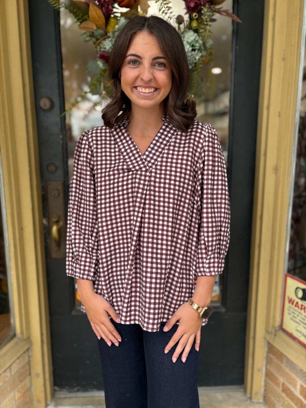 Gingham Girl Top- Brown